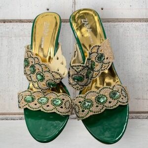 Zara Embellished Jeweled Mules Heels Green Gold Women Size 38
